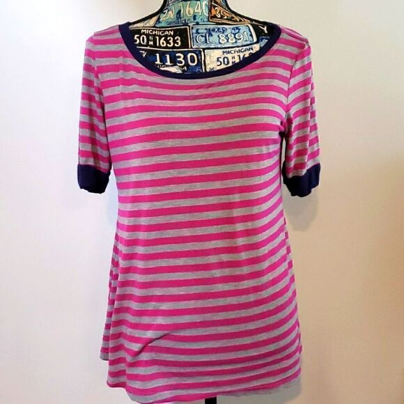 MATERNITY TOP Pink & grey stripe with navy collar - Picture 1 of 5